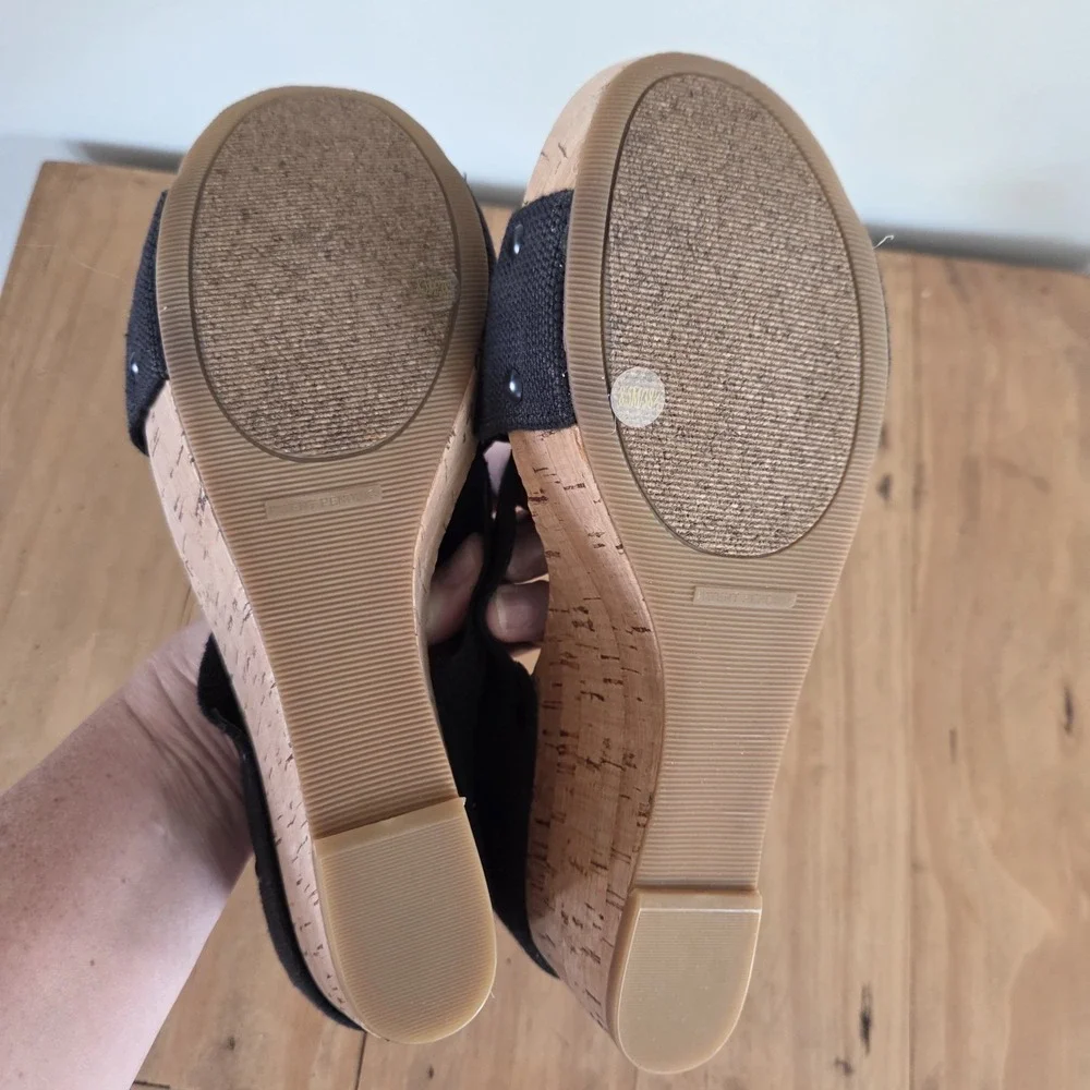 Lucky Brand Valmai Platform Wedge Cork Sandal Black Linen Thick Strap Sz‎ 8.5